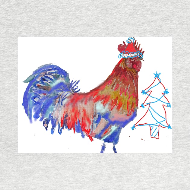 Christmas Rooster Watercolor Painting by SarahRajkotwala